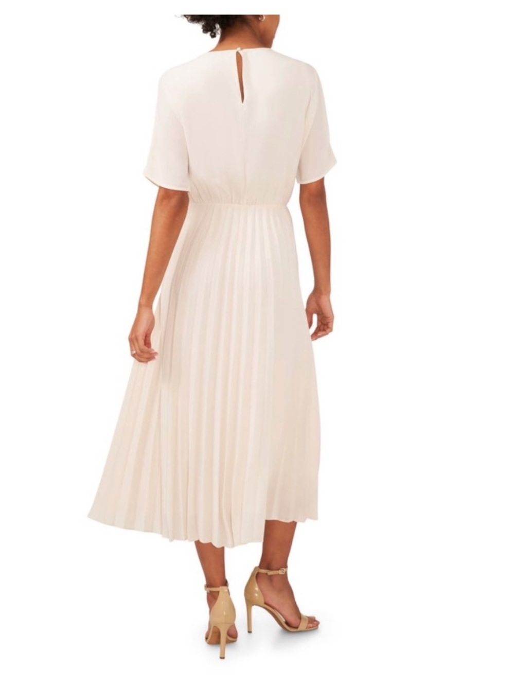 Halogen Chiffon Pleated Short Sleeve Maxi Dress Cream Ivory Long Length Medium - Picture 2 of 9